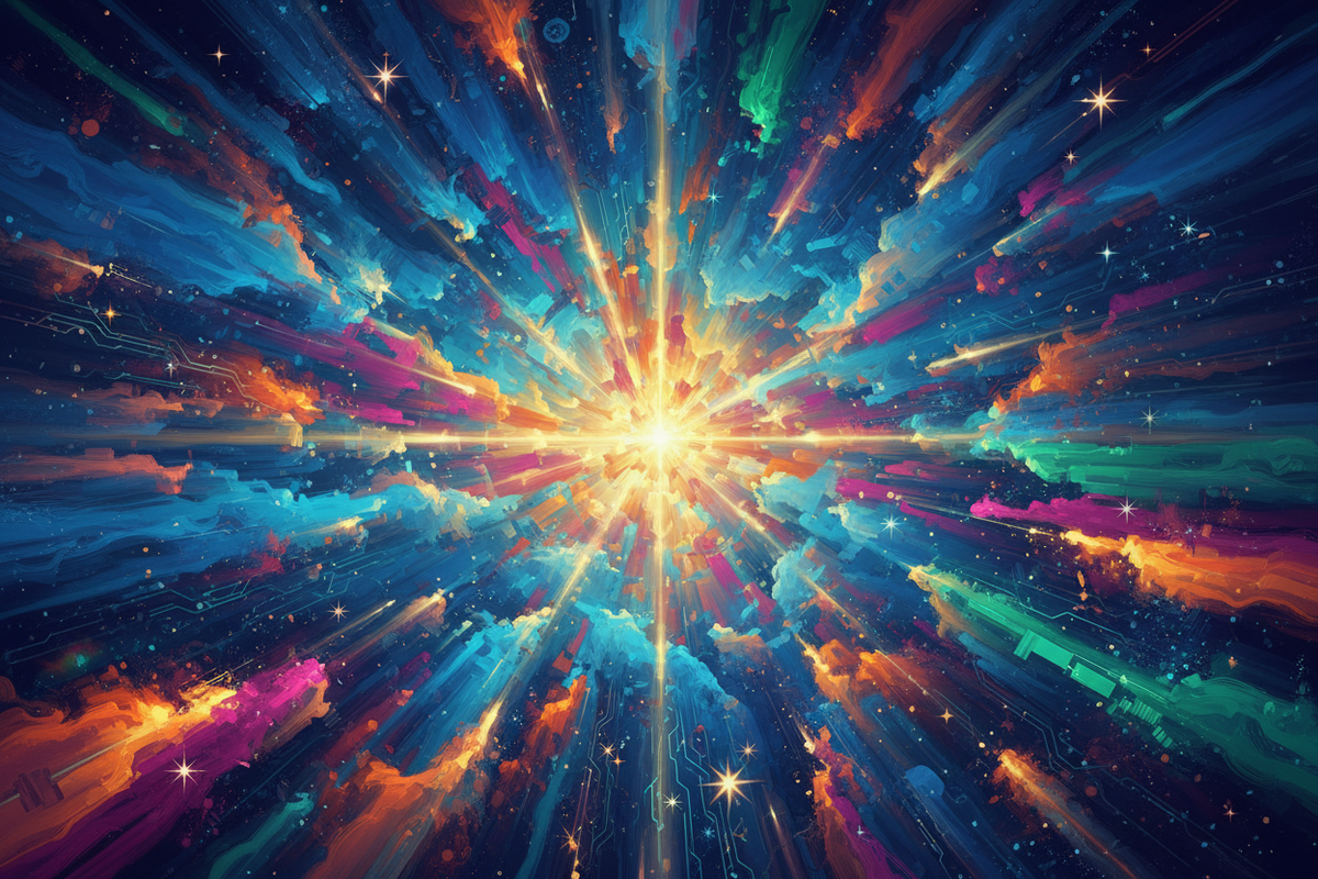 Goldene Lichtströme und Pinselstriche verschmelzen mit digitalen Pixeln – KI trifft Kunst