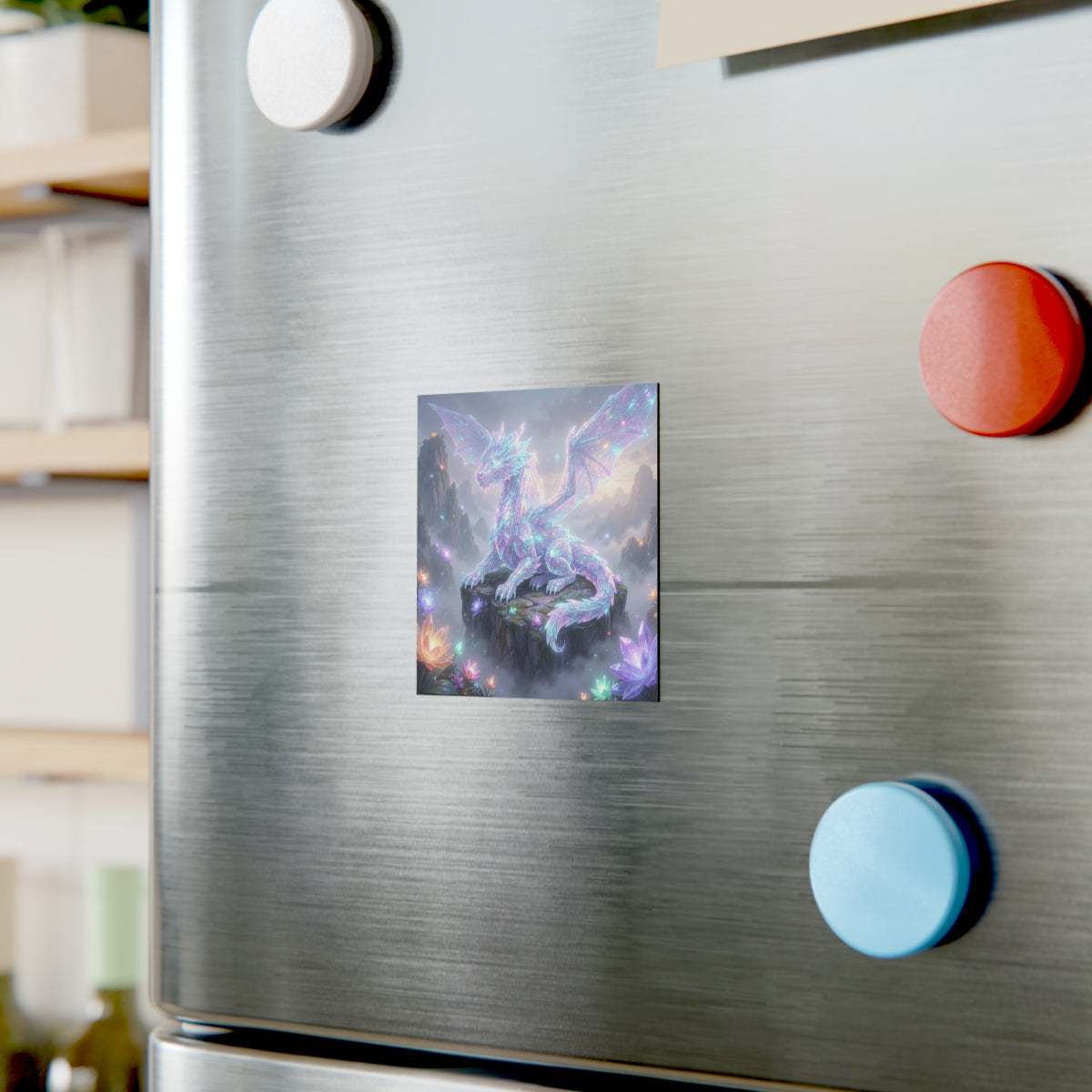Crystal Dragon Magnet — Iridescent Fantasy Square Fridge Magnet