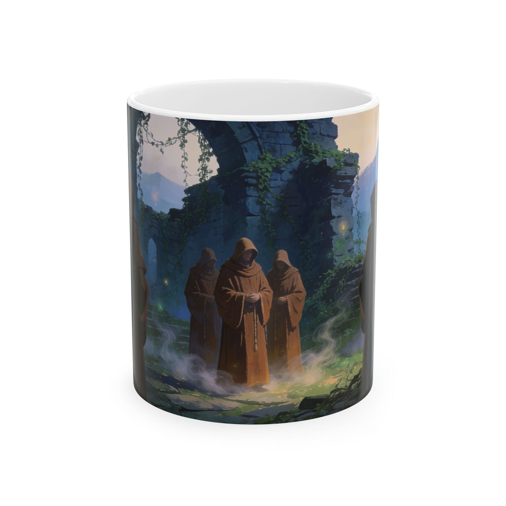 Mystical Monks Keramiktasse – Gewändete Mönche in Ruinen | Dark Fantasy Art | 11oz & 15oz