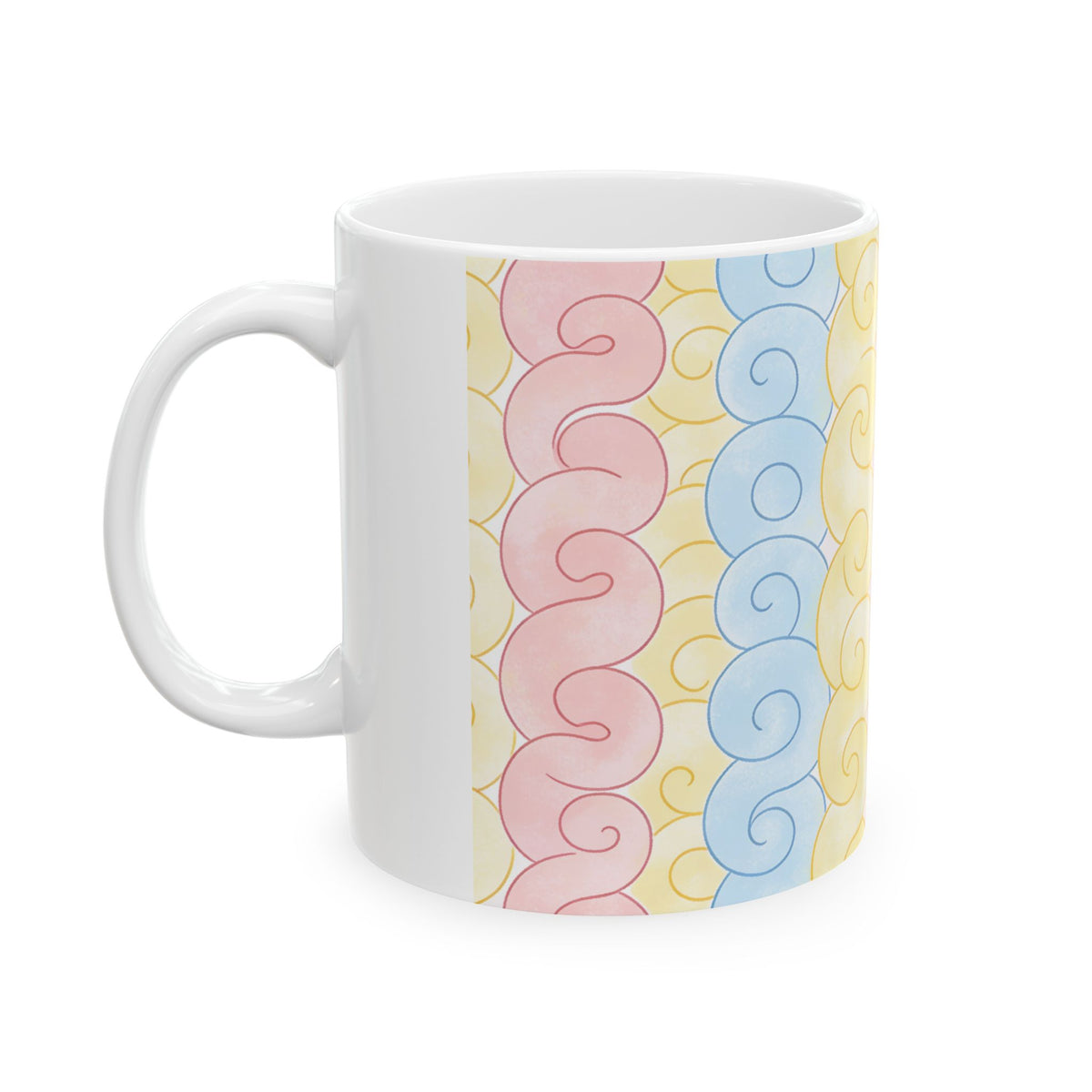 Pastel Swirl Keramiktasse – Rosa, Gelb & Blau | 11oz & 15oz | Glossy Finish