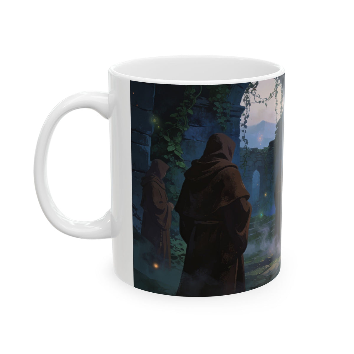 Mystical Monks Keramiktasse – Gewändete Mönche in Ruinen | Dark Fantasy Art | 11oz & 15oz