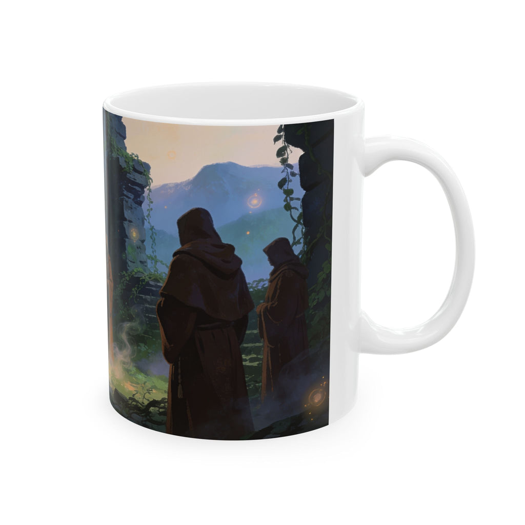 Mystical Monks Keramiktasse – Gewändete Mönche in Ruinen | Dark Fantasy Art | 11oz & 15oz
