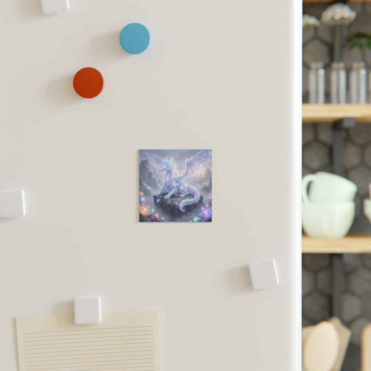 Crystal Dragon Magnet — Iridescent Fantasy Square Fridge Magnet