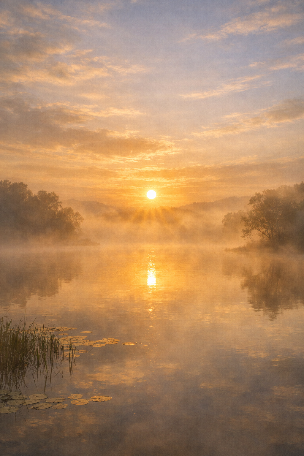 Goldener Sonnenaufgang am Nebelteich – KI-Kunstdruck