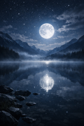 Vollmond über dem Nebeltal – KI-Kunstdruck