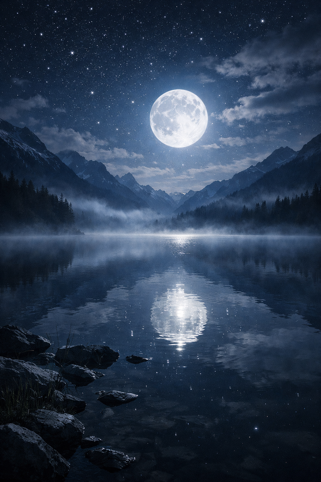 Vollmond über dem Nebeltal – KI-Kunstdruck
