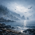Möwen im Nebel an Felsküste – Digitales Kunstbild