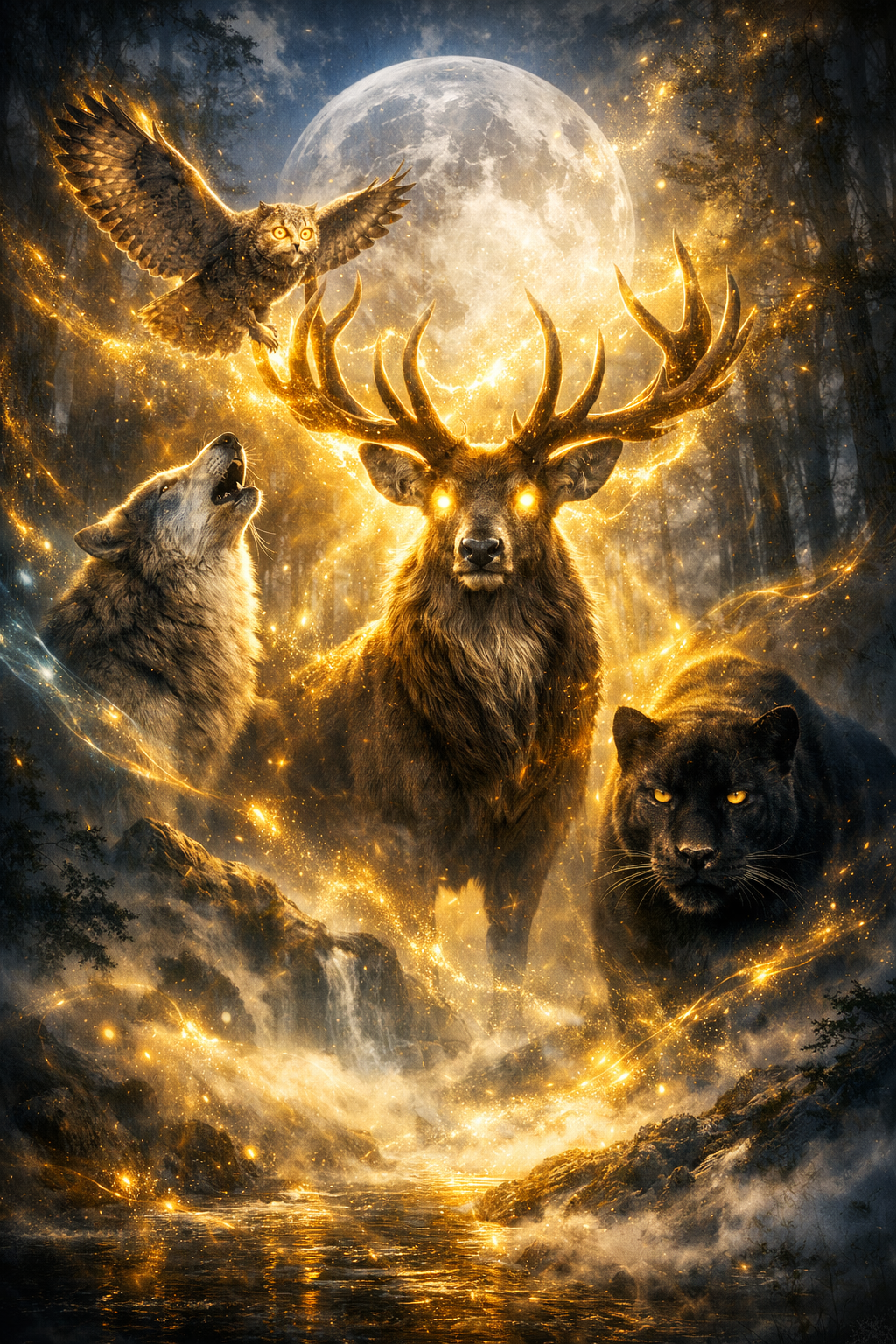 Mystische Tiere im Mondlicht – Digitales Kunstbild