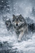 Wolfmeute im Schneesturm – Digitales Kunstbild
