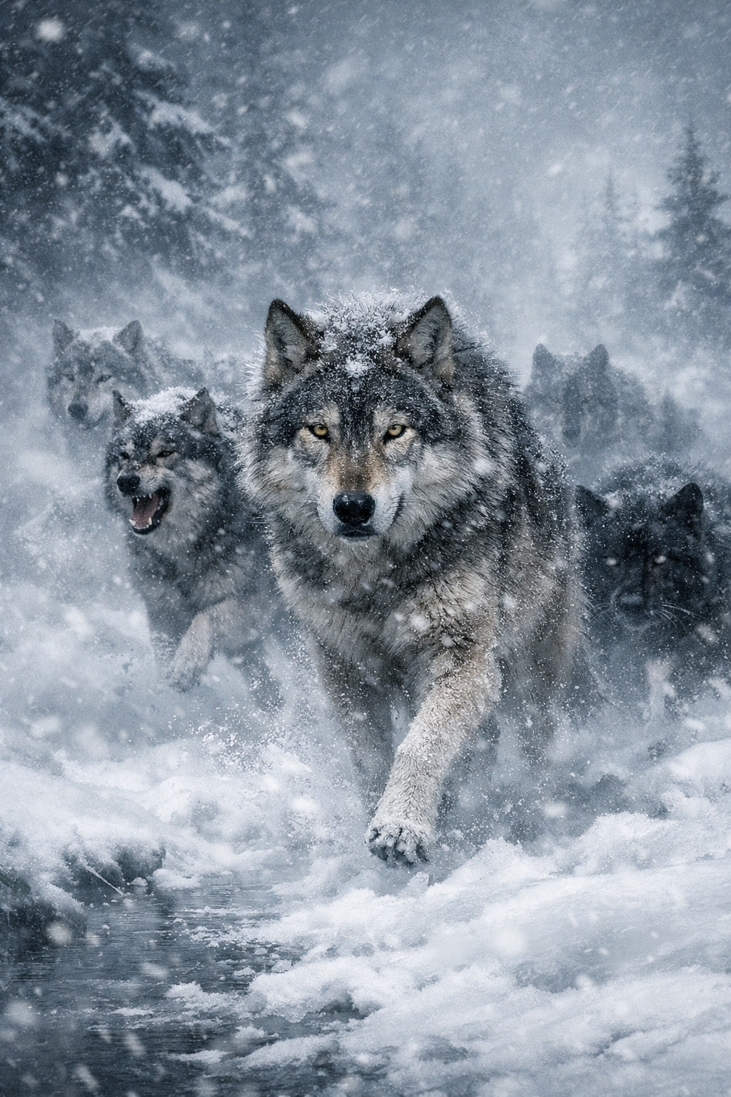 Wolfmeute im Schneesturm – Digitales Kunstbild