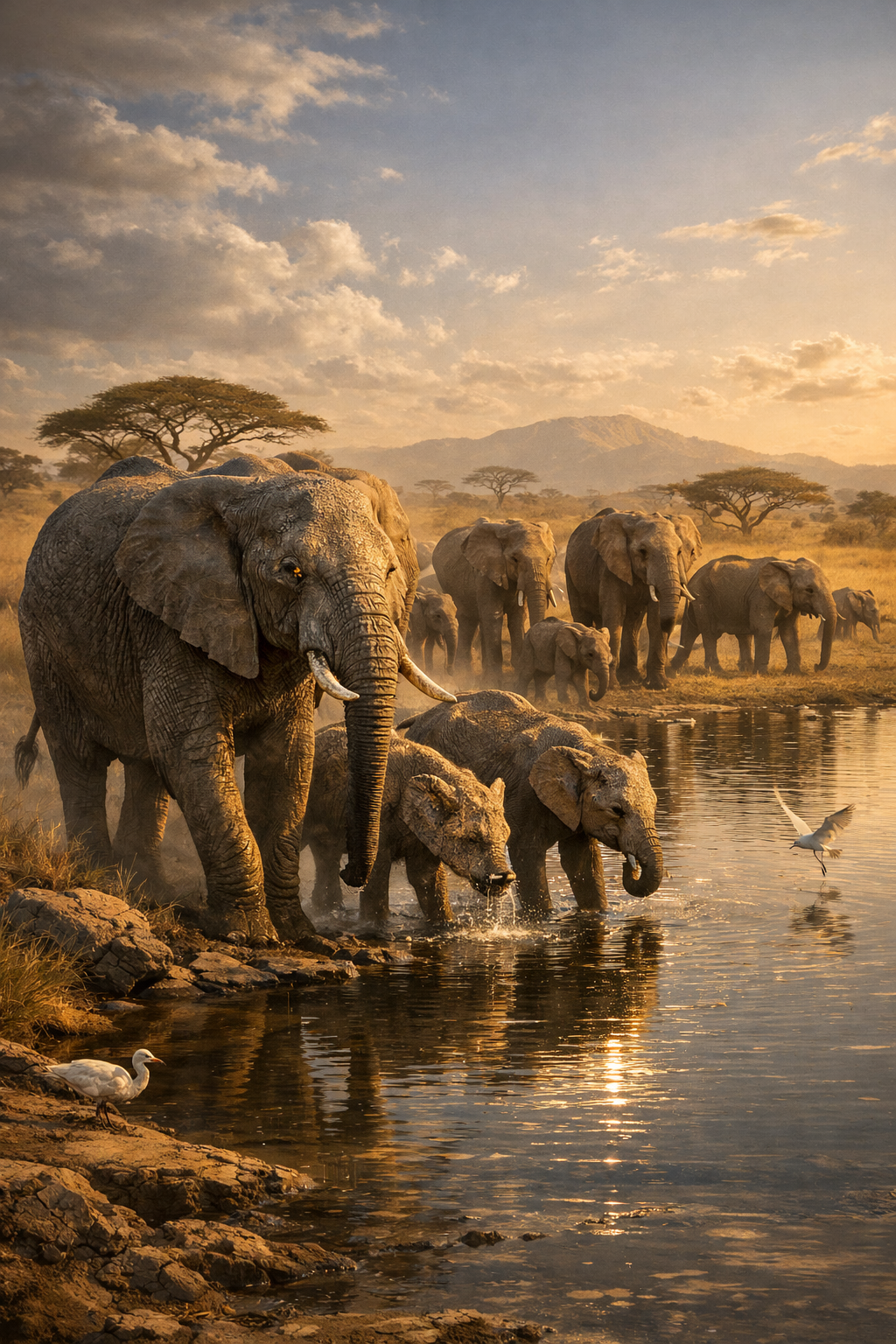 Elefantenfamilie am Wasserloch – Digitales Kunstbild