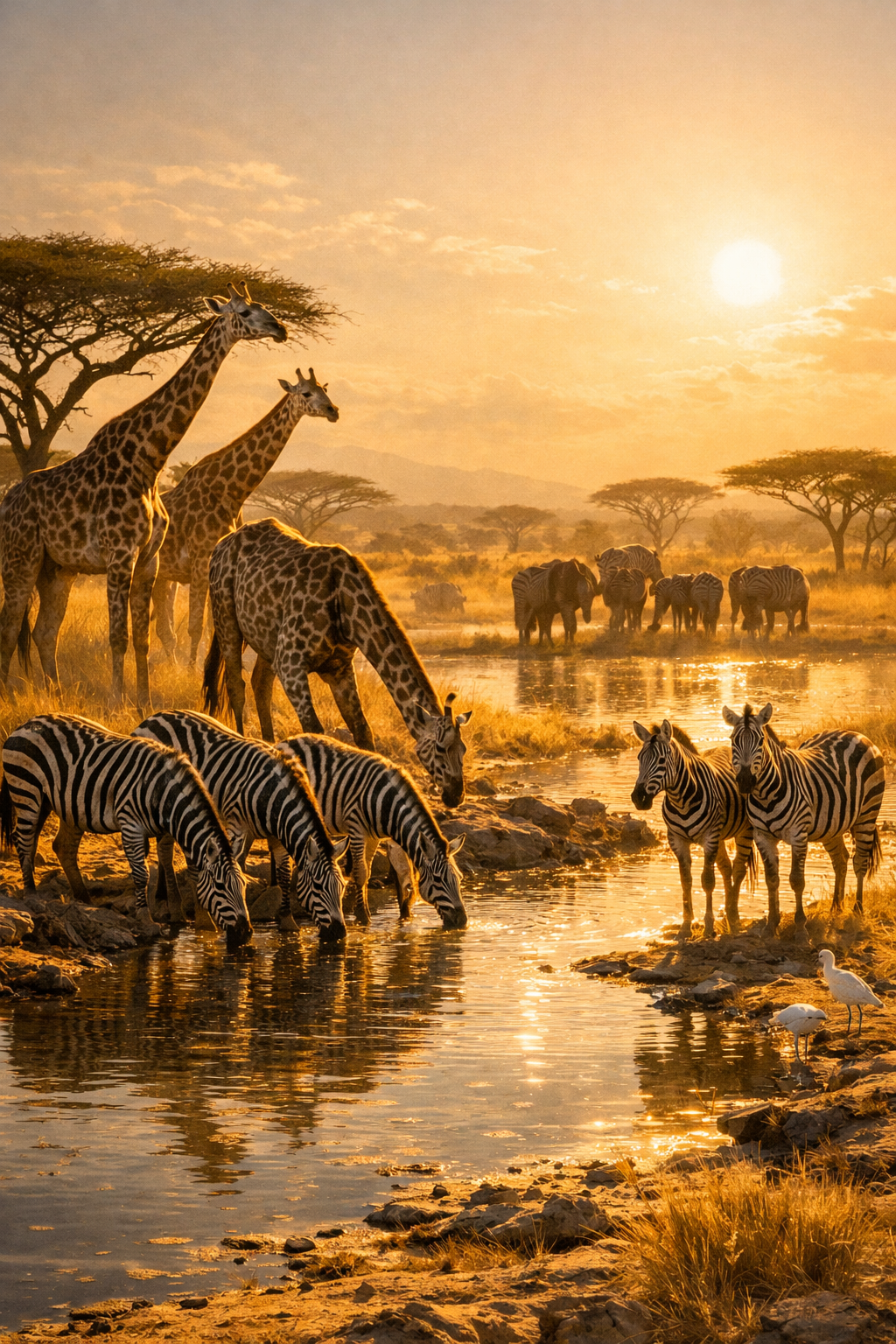 Afrikanisches Wasserloch – Giraffen, Zebras & Elefanten – Digitales Kunstbild
