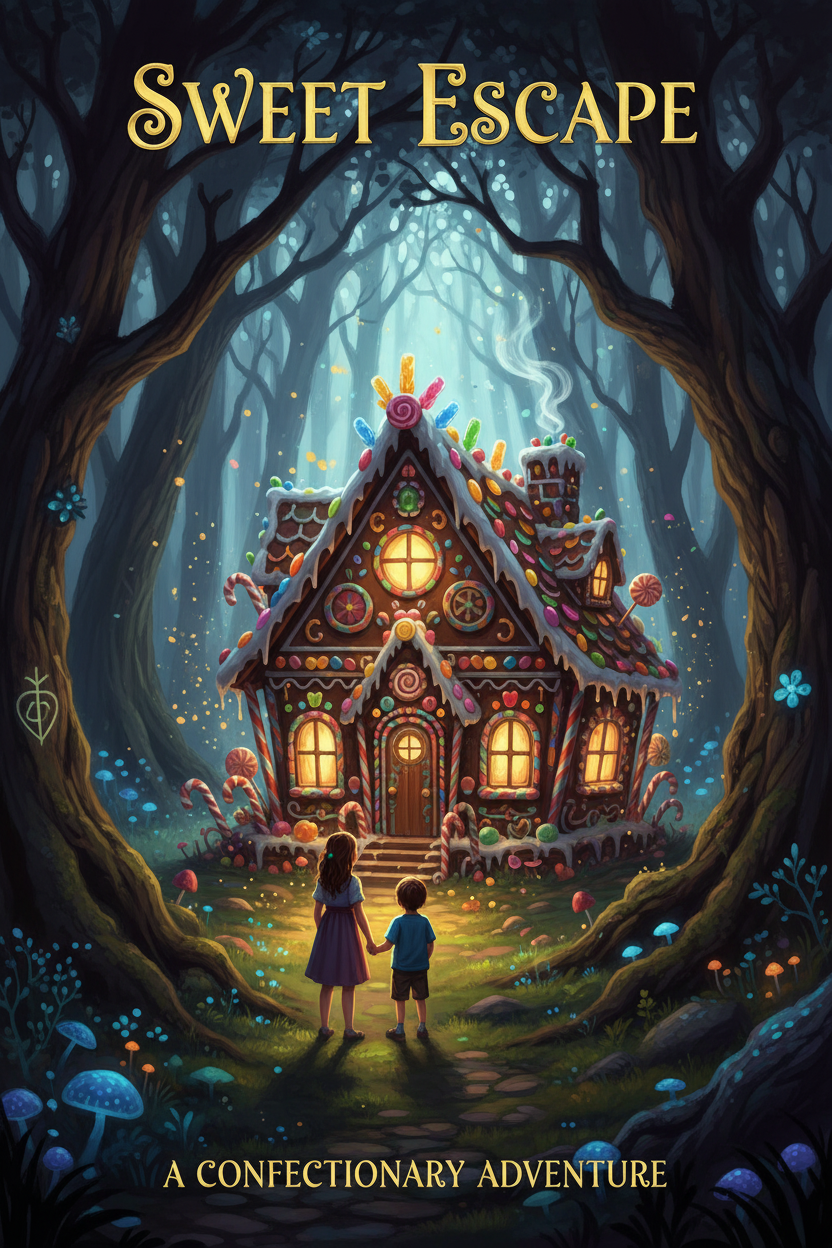 Hänsel und Gretel vor dem Knusperhäuschen – Märchen Fantasy Kunstdruck