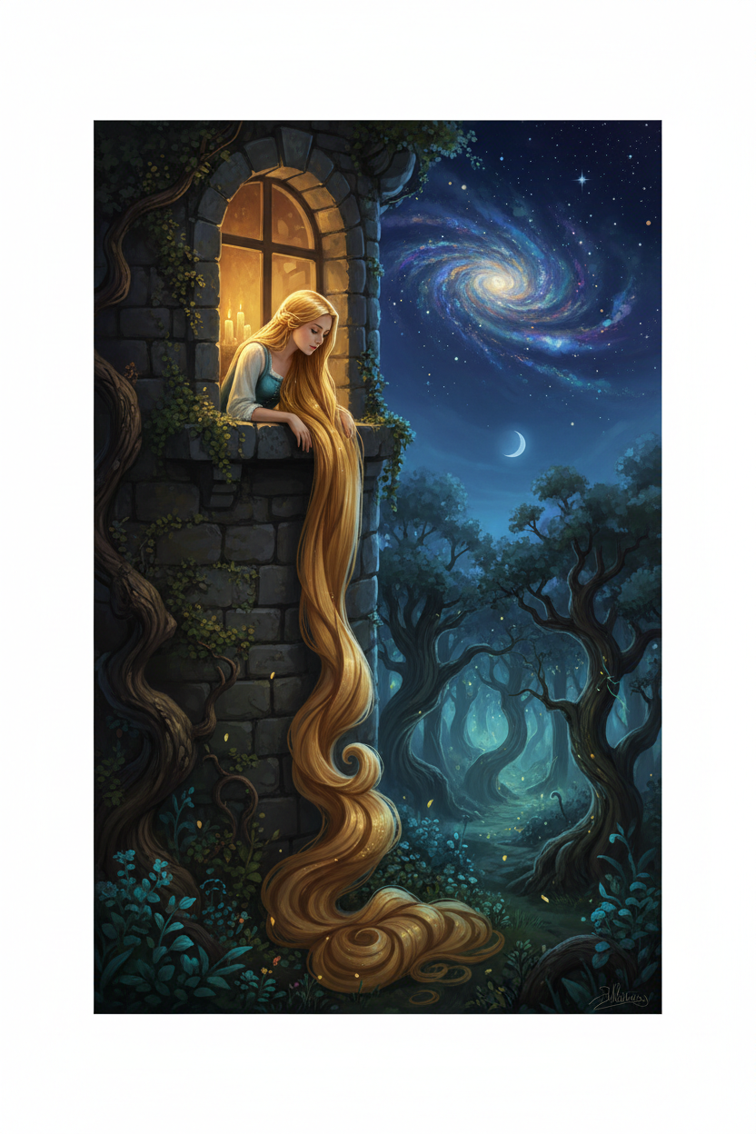 Rapunzel im Turm – Mädchen mit langem goldenen Haar im Zauberturm