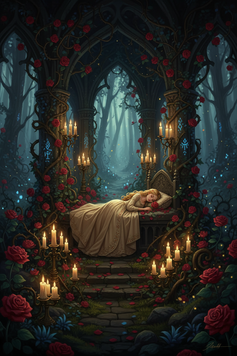 Dornröschen im verzauberten Schloss – Märchen Fantasy Kunstdruck