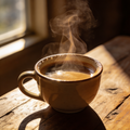 Dampfender Kaffee – Stille am Fenster digitales Kunstbild