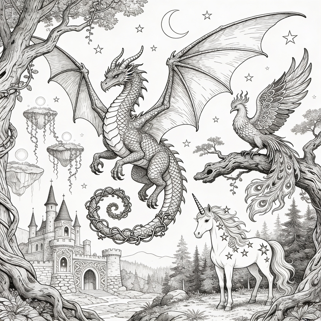 Ausmalbilder für Erwachsene – Fantasy Bundle (20 Bilder)