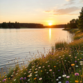 Lago tranquilo con flores silvestres al atardecer – Imagen digital de la naturaleza