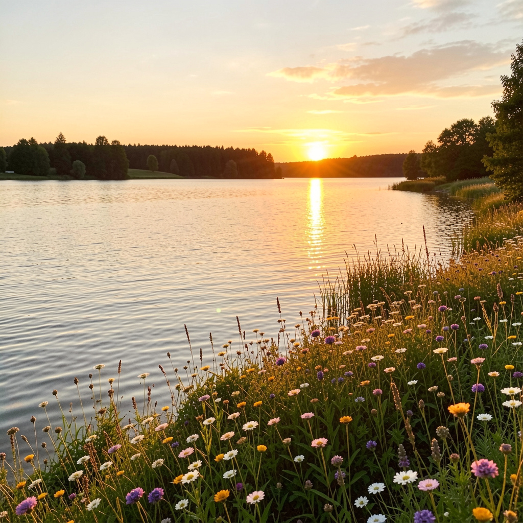 Stiller See mit Wildblumen im Sonnenuntergang – Digitales Naturbild