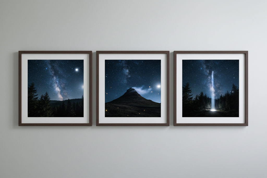 Nacht & Sterne – 3er Wandbild-Set 🌜 | KI-Kunstdruck Bundle