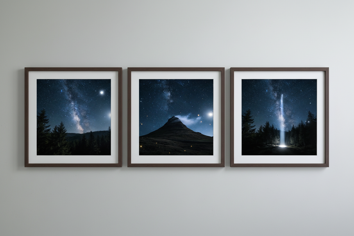 Nacht & Sterne – 3er Wandbild-Set 🌜 | KI-Kunstdruck Bundle
